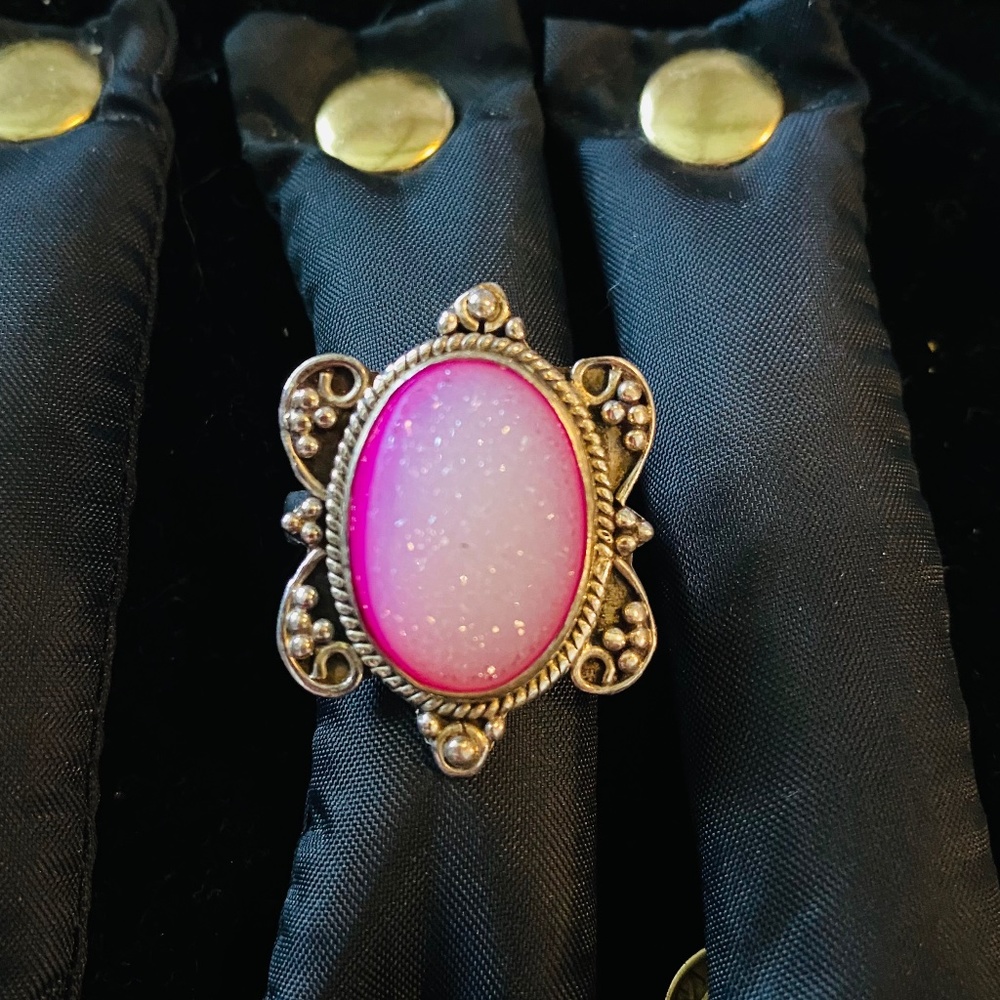 Silver pink Druzy ring